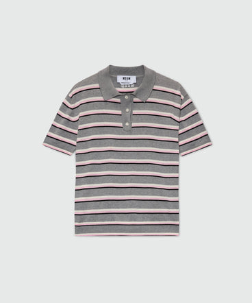 Horizontal striped knit polo.