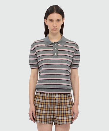 Horizontal striped knit polo.