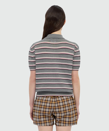 Horizontal striped knit polo.