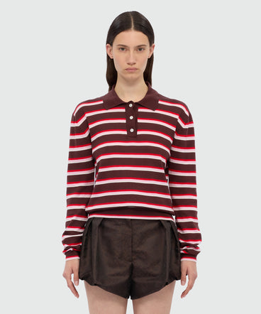 Horizontal striped knit polo.