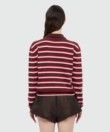 Horizontal striped knit polo.