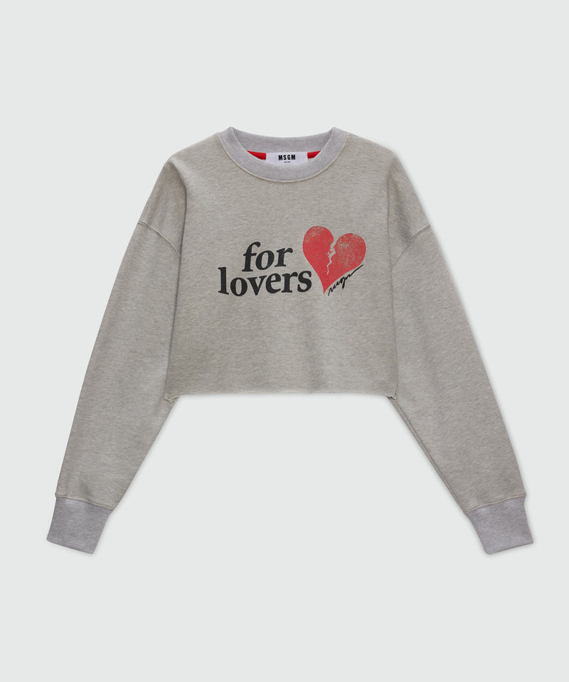 Grey cropped sweatshirt with "For Lovers" print and heart. 94 Donna 