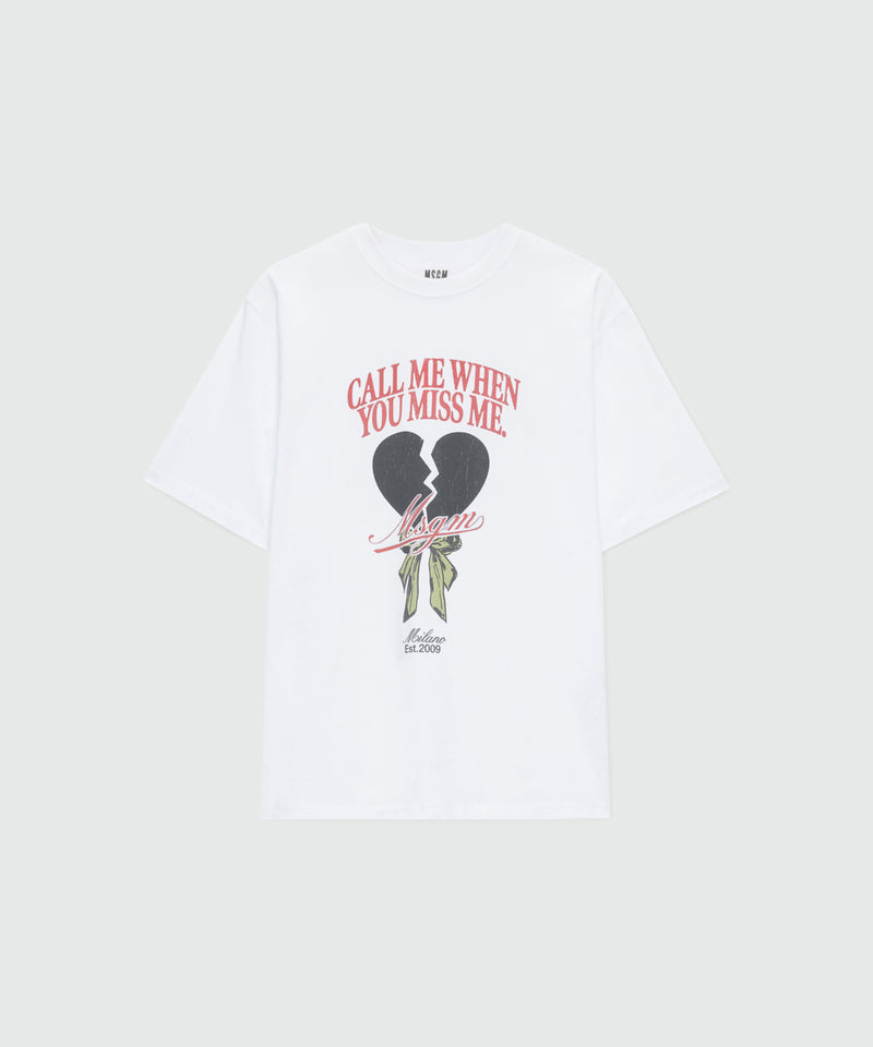 White T-shirt with MSGM "Call me when you miss me" graphic print. 01 Donna 