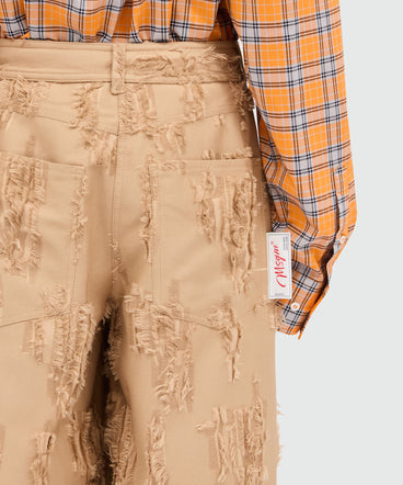 Beige wide-leg frayed fil coupe trousers.