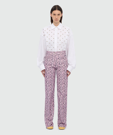 Pink straight-leg python print gabardine trousers.