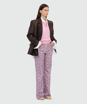 Pink straight-leg python print gabardine trousers.