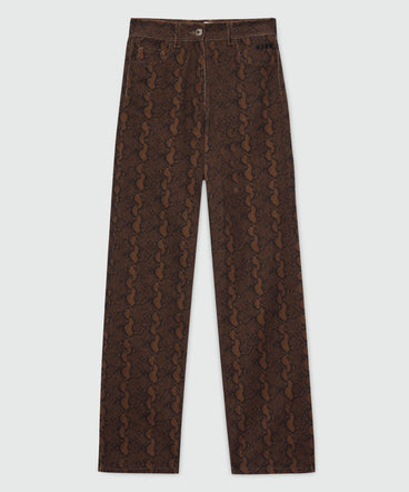 Brown straight-leg python print gabardine trousers.