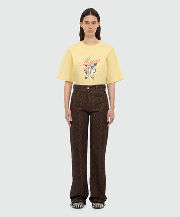 Brown straight-leg python print gabardine trousers.