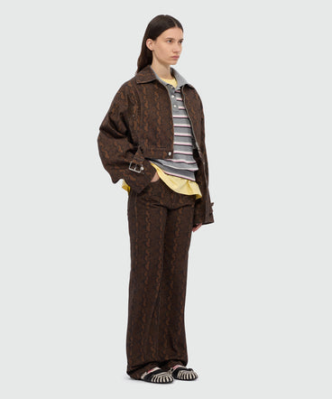 Brown straight-leg python print gabardine trousers.