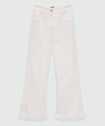 White frayed raw cotton flare Capri trousers.