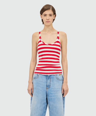 White and red striped jersey top.