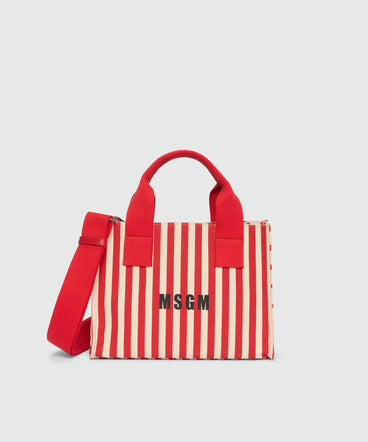 Small canvas tote with polka dot and stripe print.