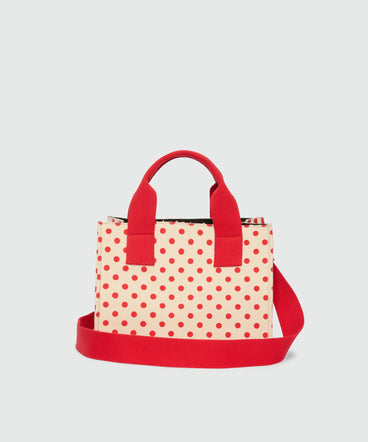 Small canvas tote with polka dot and stripe print.
