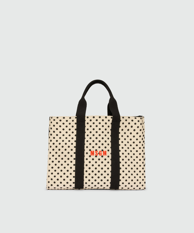 Horizontal canvas tote with polka dot print. 99 Donna 