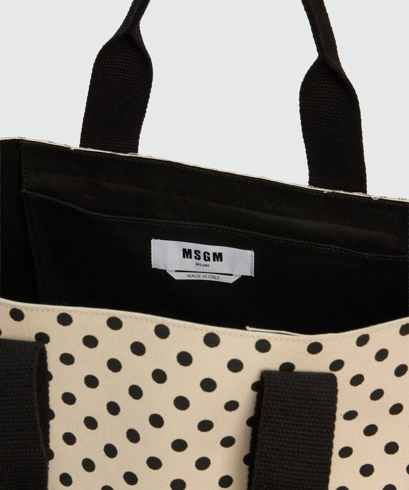 Horizontal canvas tote with polka dot print. 99 Donna 