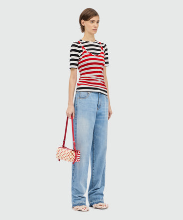 Small bowling bag in striped and polka dot print canvas.