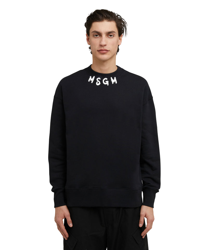 Cotton crewneck sweatshirt with brushed MSGM logo at the neckline BLACK Men 