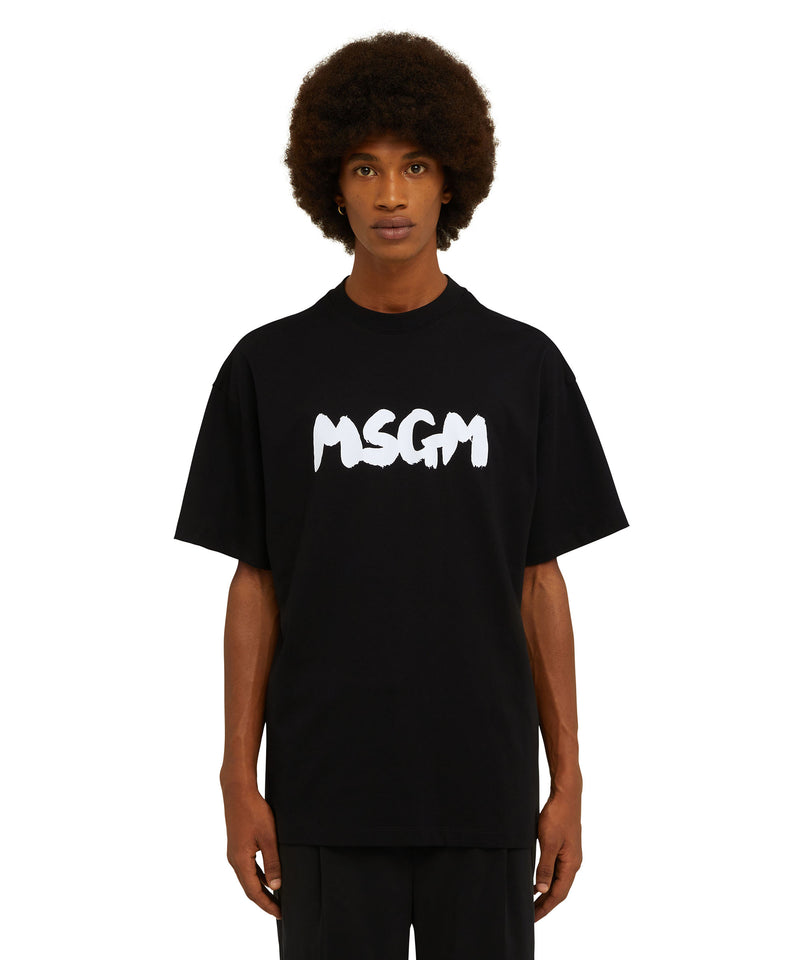 Cotton crewneck t-shirt with new brushed MSGM logo BLACK Men 