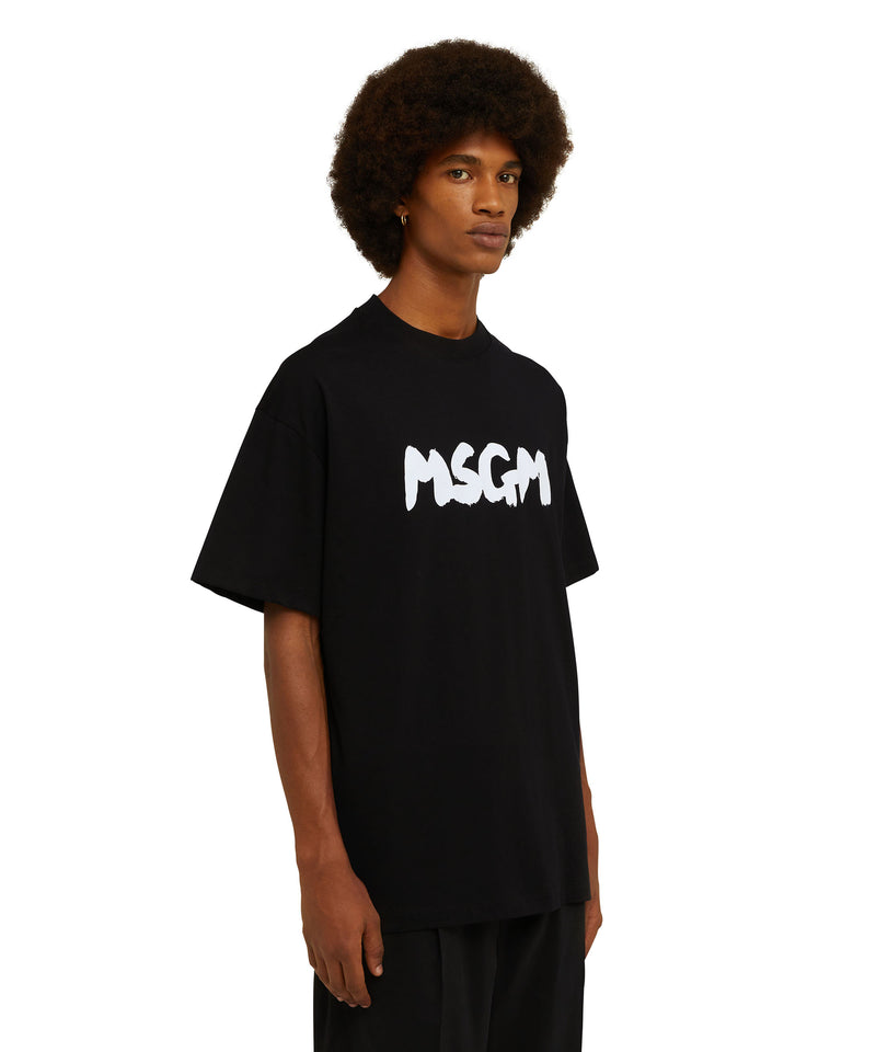 Cotton crewneck t-shirt with new brushed MSGM logo BLACK Men 