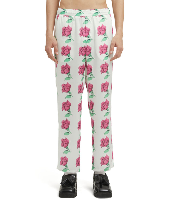 Trousers with "Emblem on Roses printed satin" print