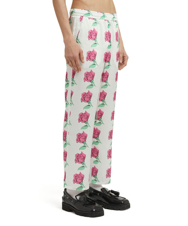 Trousers with "Emblem on Roses printed satin" print