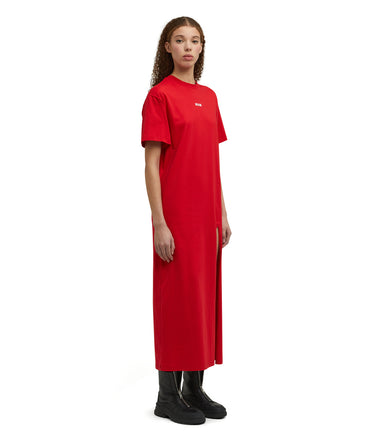 Long cotton dress with side slit and logo