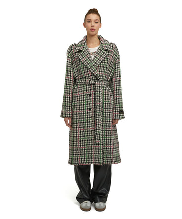 Wool double-breasted trench coat with belt and "Houndstooth Check" motif