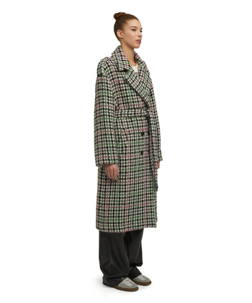Wool double-breasted trench coat with belt and "Houndstooth Check" motif