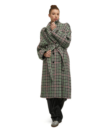Wool double-breasted trench coat with belt and "Houndstooth Check" motif